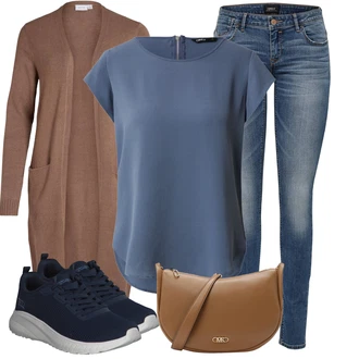 Zapínání na knoflíky Outfit s Hnědá/Fialová/Béžová/Šedá Pletenina veľkej veľkosti/Halenka a Tunika Tunika Vila "Cool každodenní outfit" Zapínání na knoflíky Outfit s Hnědá/Fialová/Béžová/Šedá Pletenina veľkej veľkosti/Halenka a Tunika Tunika Vila "Cool každodenní outfit"