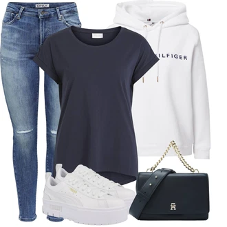 Outfit s Bílá/Krémová/Stříbrný/Šedá/Vícebarevný/Růžová Originální mikina/Svetr S Kapucí/Partnerská Mikina/Sportovní mikina/Mikina/Unisex Mikina S Kapucí/Vintage mikina/Dámský Svetr/Svetr s kapucí Tommy Hilfiger "Vzhled casual"