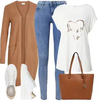 Outfit s Krémová/Bílá/Hnědá/Béžová Teniska Letní Tenisky/Úzká Teniska/Kožené Tenisky/Teniska teddy/Nízká Teniska/Teniska na platformě BOGNER "Cool každodenní outfit"