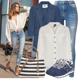 Outfit s Šedá/Khaki/Bílá/Hnědá/Béžová/Světle zelená Tunikové Tričko/Halenka S 3/4 Rukávem/Blůza s nášivkou na lokti/Oversize Muselínová Blůza/Kožená bunda/Blůza s knoflíčkem Vero Moda Tall "Cool každodenní outfit"