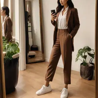 Aesthetic Outfits Poslovna mit Rjava Trendyol "Rjavi Sproščen Hlače Kostum Outfit"Look: Plemenita, Fancy, Modna, Pametno priložnostno, Priložnostne, Cowgirl, 70. leta, Eleganten, Poslovna, Francoski, Jazz, Pisarna, Western, Divji zahod