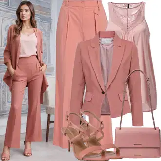 Kombinacije za vjenčanje Old Money sa Pink/Zlatni Salonka & Visoki Pet/Sandalice s blok petom/Sandala na Petu/Cipela Za Vjenčanje/Sandala s petom celena "Sako-odijelo Elegantan"Look: Old Money, Elegantan, Romantičan, Šik, Burleska