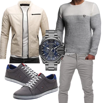 Motorrad Outfit mit Beige/Khaki Kunstfaserjacke/Motorradjacke/Kunstlederjacke/Frühlingsjacke/Sommerjacke/Jacke mit Seitlichem Reißverschluss Crone "Сasual Business Outfit"Look: Reiten, Motorrad