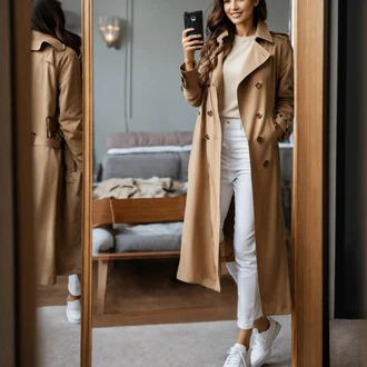 Elegantne kombinacije sa Bijela/Krem Hlače 7/8 Hlača/Hlače od muslina/Naborane Hlače/Uske Hlača/Carrot Hlače/Boyfriend Hlače/Jogger Hlača fashionhunters "Schike Trenchmantel Outfit"