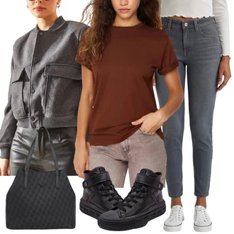 outfit mit Siva/Svetlo Siva/Modra/Temno Siva Kavbojke Usnjena Jakna/Gležnarji/Regular Fit Kavbojke/Ženske 7/8 Kavbojke/Usnjene Čevlje/Push up Kavbojke/Odrezane Kavbojke/Ozke Kavbojke DeFacto "Sodobni Pomladni putfit"