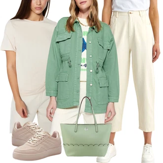 Kulotke outfit mit Khaki/Bež/Bela Kavbojke Trenirka Jeans/Usnjena Jakna/Formalna Srajca/Plisirane Kavbojke/Mom Jean/Široke Kavbojke/Culotte Kavbojke/Dad Kavbojka top secret "Sodobni Pomladni putfit"