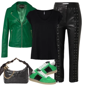 Outfit s Zelená/Neonové barvy/Tmavě zelená Nízká Teniska/Úzká Teniska/Vintage Teniska/Kožené Tenisky Kennel & Schmenger "Moderní Jarní Outfit"