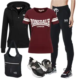 outfit mit Črna Merino jakna/Športna Jakna/Jakna s Kapuco/Jesenska jakna/Jakna s Stransko Zadrgo Lonsdale, Temno rdeča/Rdeča/Vinsko rdeča Lepa Majica/Casual Majica/Majica s kratkimi rokavi/Dolga srajca/Športna majica/Majica s potiskom Lonsdale "Sodobni Pomladni putfit"