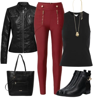 Outfit sa Crvena/Tamnocrvena/Vinski Crveno Skinny Hlače/Biciklistička Hlača/Hlače s Prorezom/Jeggings/Treggings/Tajice visokog Struka/Hlače Visokog Struka/Tajice s Prorezom/Samtaste Tajice Karen Millen "Proljetni outfit"