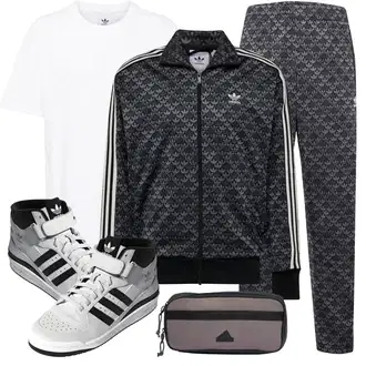 Elegant Outfit mit Dunkelblau/Dunkelgrau/Grau TrachtenHose/Lounge-Hose/StoffHose/Musselin Hose/SchlafHose/SchlupfHose/DruckHose Adidas Originals "Sport Outfit"Look: Classic, Rap, Outdoor, Zuhause, 90er, Skater, Unisex, Elegant, Old Money