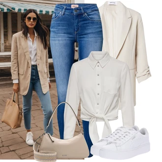 S Mašlí Outfit s Šedá/Khaki/Bílá/Béžová/Krémová Zavazovací Halenka/Halenka S Mašlí/Halenkové Body Only "Jarní outfit"