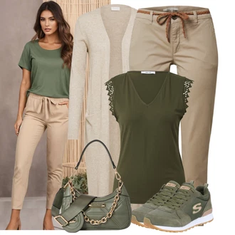 Outfit s Béžová/Hnědá/Khaki Cargo Kalhoty/Twillová Kalhoty/Mušelínové kalhoty/Tvídová Kalhoty/Rovná Kalhoty/Ležérní Kalhoty/Paperbag Kalhoty Only "Lehký outfit"