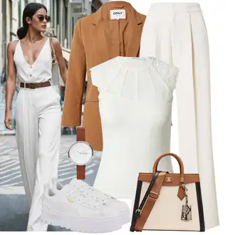Elegantan Outfit sa Krem/Kaki/Bež/Bijela Hlače s prednjim naborom/Hlače S Naborom/Hlače od muslina/Široka Hlača/Hlače Visokog Struka/Marlene Hlača/Hlača od Odijela/Naborane hlače/Palazzo Hlača/Hlače s Prorezom/Tradicionalna Hlača Copenhagen Muse "Moderan look za slobodno vrijeme"Look: Vanjski, GoGo, Ured, Elegantan, Old Money