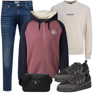 Outfit mit Beige/Khaki/Braun Damen Pullover/Sport Sweatshirt/Women's Fleece Sweatshirts/Lederjacke Jack & Jones "Street Style Outfit"