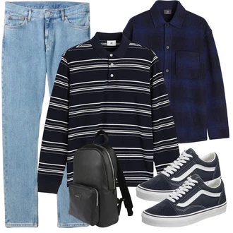 Retro Outfit mit Dunkelblau/Blau/Hellblau Sneaker Skateschuh/Canvas-Sneaker/Sneaker Low/Schmaler Sneaker Vans "Street Style Outfit"Look: Skater, Classic, Sportlich, Smart Casual, Vintage, Retro