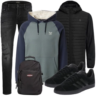 Outfit mit Schwarz/Dunkelgrau/Grau Jeans mit Loch/Biker Jeans/Lederjacke/Jeans mit Schlitz/Slim Fit Jeans/Lederjacken/Winterjacke/Leder Schuhe/Tapered-Jeans/Low Rise Jean/Knöchelstiefel Jack & Jones "Street Style Outfit"