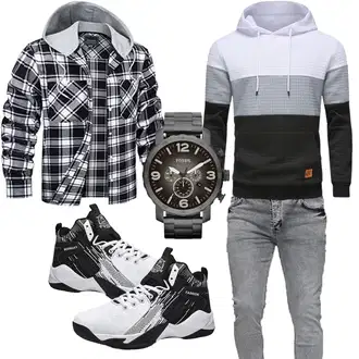Outfit mit Blau/Weiß/Schwarz/Hellblau/Grau Flanellhemd/Kariertes Hemd TACVASEN "Street Style Outfit"