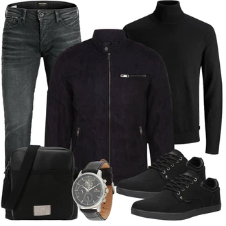 Outfit mit Schwarz/Dunkelblau Mantel/Stehkragen-Strickjacke/Wolle Strickjacke/Strickjacke Gefüttert/Kurze Strickjacke/Baumwoll Strickjacke/Jacke mit Seitlichem Reißverschluss/Strickfleecejacke/Cordjacke/Nachhaltige Jacke/Kunstfaserjacke/Trachtenstrickjacke Jack & Jones "Street Style Outfit"