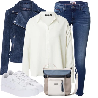 Outfit s Bílá/Krémová/Světle zelená Oversize Muselínová Blůza/Slip-on Halenka/Halenka s Dlouhým Rukávem/Blůza s knoflíčkem/Kožená bunda pro muže/Oversize Halenka/Otevřená Halenka/Halenka se Stojatým Límcem/Businessová Halenka Pieces "Cool každodenní outfit"