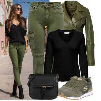 Styl Outfit s Khaki/Tmavě zelená Cargo Šortka/Capri/Cargo Kalhoty/Cargo Tepláky/Kalhoty s dírou/Motorkářská kalhoty/Jeggings/Skinny Kalhoty Only "Stylový outfit na jaro"Look: Styl, 90tá léta, Cool, Mom, Venkovní, Univerzitní