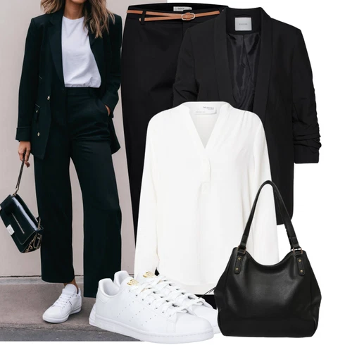 Kombinace Bílá/Krémová Blůza s knoflíčkem/Halenka se Stojatým Límcem/Halenka s Dlouhým Rukávem/Oversize Halenka/Slip-on Halenka Selected kombinovat s Černá Chinos/Navlékací Kalhoty/Obleková Kalhoty/Business Kalhoty/Úzká Kalhoty/Bengaline Kalhoty B.young