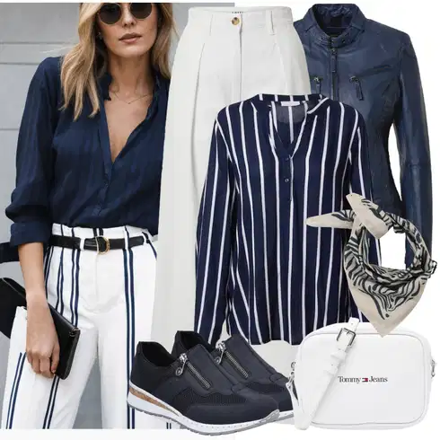 Kombinace Šedá/Khaki/Bílá Plisovaná kalhoty/Široká Kalhoty/Paperbag Kalhoty/Kalhoty s nášivkou uprostřed/Plisovaná Kalhoty/Culotte Kalhoty/Marlene Kalhoty/Kalhoty se Štěrbinou/Mušelínové kalhoty/Kalhoty s Vysokým Pasem Edited kombinovat s Modrá/Tmavě modrá Bunda z Umělé Kůže/Kožené Bund/Motorkářské Bund/Motorkářská Bunda/Kožená vintage Bunda/Bunda s Bočním Zipem/Kožená Bomber Bund Maze