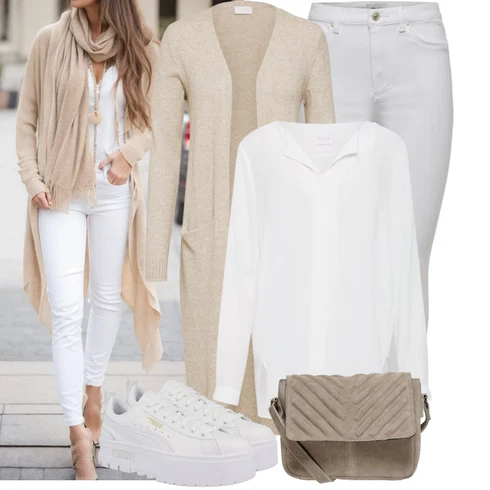 Kombinace Šedá/Hnědá/Béžová/Bílá/Krémová/Khaki Halenkové Body/Blůza s knoflíčkem/Halenka se Stojatým Límcem/Dlouhá Halenka/Halenka s Dlouhým Rukávem/Oversize Halenka/Oversize Muselínová Blůza/Slip-on Halenka/Tunikové Tričko Vila kombinovat s Béžová/Hnědá/Khaki Pletenina veľkej veľkosti Vila