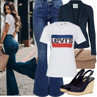 Vysoké Podpatky Outfit s Tmavě modrá/Fialová/Modrá/Béžová/Světle modrá Sandál na klínku/Bota Na Klínku/Espadrilka s klínovým podpatkem/Lodička na klínku/Klínový Sandál/Dámská lodička na klínovém podpatku Tommy Hilfiger "Cool vzhled na jaro"