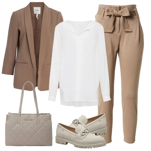 Kombinace Šedá/Hnědá/Béžová/Bílá/Krémová/Khaki Halenkové Body/Blůza s knoflíčkem/Halenka se Stojatým Límcem/Dlouhá Halenka/Halenka s Dlouhým Rukávem/Oversize Halenka/Oversize Muselínová Blůza/Slip-on Halenka/Tunikové Tričko Vila kombinovat s Khaki/Hnědá/Béžová Kalhoty s Vysokým Pasem/Mušelínové kalhoty/Paperbag Kalhoty VERO MODA