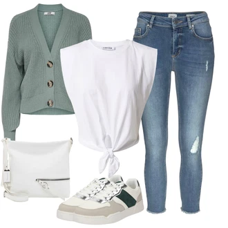 Outfit s Bílá/Béžová/Krémová/Tmavě zelená/Khaki Nízká Teniska/Úzká Teniska/Vintage Teniska/Kožené Tenisky Only "Stylová kombinace na jaro"