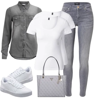 Džínovina Outfit s Šedá/Světle šedá/Tmavě šedá Halenka Džínsová Blůza/Halenka s Dlouhým Rukávem Vila "Stylová kombinace na jaro"