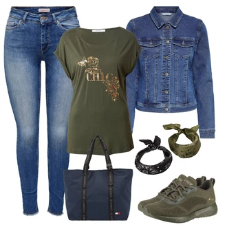 Festival Outfit s Tmavě zelená Klobouk Bandana/Šátek na hlavu/Vlasový Doplněk/Klapka na ucho & čelenka About You "Stylový look na jaro"Look: Koncert, Festival, Nový Rok