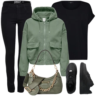 Manšestr Outfit s Zelená/Tmavě zelená Bomber/Udržitelná bunda/Jarní bunda/Krátký Bund/Letní Bund/Krátký Bund/Bunda s Kapucí Only "Stylový look na jaro"