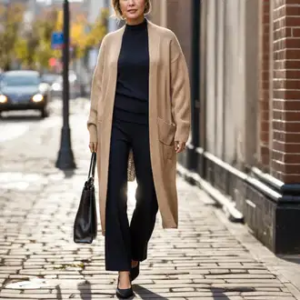 Outfit s Tmavě modrá Culotte Kalhoty/3/4 Kalhoty/Mušelínové kalhoty/Business Kalhoty/Obleková Kalhoty/Široká Kalhoty/Marlene Kalhoty Monari "Teplý Ab-60-outfit"