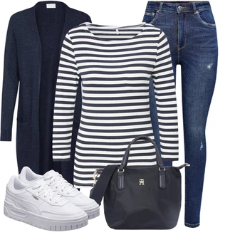 Nadrozměrné Zapínání na knoflíky Outfit s Tmavě modrá Pletenina veľkej veľkosti/Šaty Móda Pro Plnoštíhlou Vila "Pouliční styl oblečení"Look: Kancelář, Old Money, Příliš oblečený, Nadrozměrné, Univerzitní