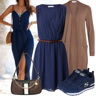 S páskem Ke kolenům Outfit s Tmavě modrá Šaty Bez Rukávů/Šaty S páskem/Šifonové Šaty/Letní Šaty/Ležérní Šaty About You "Cool každodenní outfit"