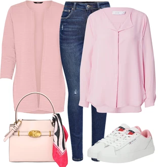 Outfit s Bílá/Růžová/Krémová Skate Bota/Letní tenisky/Kožené tenisky/Úzká teniska/Nízká Teniska Tommy Jeans "Vzhled casual"
