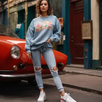 Egirl kombinacije Ljeto sa Plava/Svjetloplava/Siva Samtene Hlače/Baggy Hlače/Slinky Hlača/Jogger Hlača/Boyfriend Hlače/Harem Hlača/Plišana Hlača/Muška Kožna Jakna HUNKEMÖLLER, Crvena/Pink/Narandžasta julimex "Vintage-duks-odijelo"