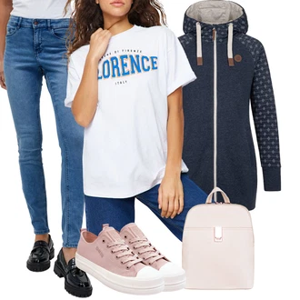Širok kroj outfit mit Grafična majica/Tiskana majica/Športna majica/Beseda na majici/Oversized majica s kratkimi rokavi/Majica s kratkimi rokavi/Lepa Majica Trendyol "Vsakodnevni Outfit"