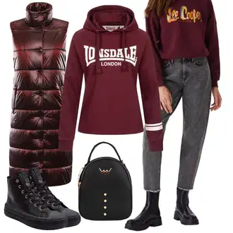 outfit mit Vinsko rdeča/Temno rdeča/Rdeča Športna Jakna/Jadralska jakna/Jakna s Kapuco/Kolidž Jakna Lonsdale "Vsakodnevni Outfit"