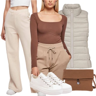 outfit mit Bež/Khaki Hlače iz muslina/Marlene Hlača/Hlače z Visokim Pasom/Obleka Hlača/Paperbag Hlača/Široka Hlača/Razširjena Hlača/Lanene Hlače/Moška Usnjena Jakna Urban Classics "Vsakodnevni Outfit"