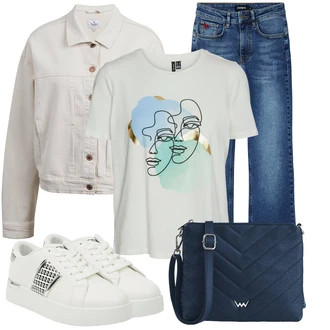 Outfit s Modrá/Černá/Béžová Pánské tričko/Džíny s Nízkým Sedem/Zvonové Džíny Desigual "Vzhledy pro volný čas"