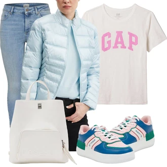 Outfit s Světle modrá Péřová Bunda/Puchová Bund/Sbalitelné Bund/Nafukovací Bund/Udržitelná bunda/Prošívaná Bunda/Letní peřová bunda/Hybridní bunda Guess "Vzhledy pro volný čas"