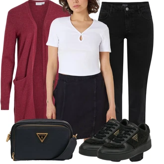 Elegantní Outfit s Černá Teniska Kožené Tenisky/Nízká Teniska/Úzká Teniska/Teniska na platformě/Teniska teddy Guess "Vzhledy pro volný čas"Look: Estetika, Šik, Elegantní, Fancy, Glamourové, Lak, Lev, Sportovní, Streetwear, Trendový, Unisex