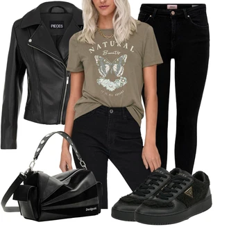 Elegantní Outfit s Černá Teniska Kožené Tenisky/Nízká Teniska/Úzká Teniska/Teniska na platformě/Teniska teddy Guess "Vzhledy pro volný čas"Look: Estetika, Šik, Elegantní, Fancy, Glamourové, Lak, Lev, Sportovní, Streetwear, Trendový, Unisex