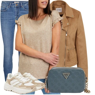 Trendový Outfit s Béžová Teniska na platformě/Chunky Tenisky/Teniska teddy Only "Vzhledy pro volný čas"Look: Estetika, Sportovní, Trendový