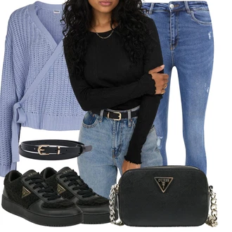 Elegantní Outfit s Černá Teniska Kožené Tenisky/Nízká Teniska/Úzká Teniska/Teniska na platformě/Teniska teddy Guess "Vzhledy pro volný čas"Look: Estetika, Šik, Elegantní, Fancy, Glamourové, Lak, Lev, Sportovní, Streetwear, Trendový, Unisex