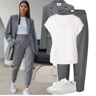 Outfit s Šedá/Světle šedá/Tmavě šedá 3/4 Kalhoty/Baggy Kalhoty/Boyfriend Kalhoty/Business Kalhoty/Mrkvová Kalhoty/Kalhoty s nášivkou uprostřed/Obleková Kalhoty/Kalhoty s Vysokým Pasem/Mušelínové kalhoty/Paperbag Kalhoty/Tvídová Kalhoty Kaffe "Večerní outfit"