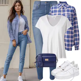 Shirt outfits mit Črna/Bela/Temno modra/Modra Klasična Dolžina/Kratka majica/Srajca Carmen/Priložnostni Vrh Trendyol "90-ih let slog"