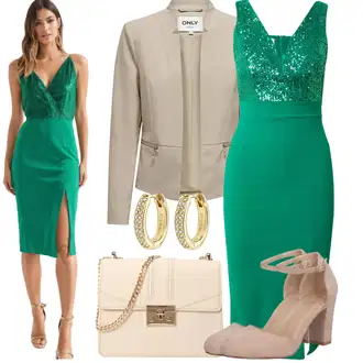 Outfit s Zelená/Tyrkysový/Neonové barvy Šaty v Délce do Lýtka/Šaty S Rovným Střihem/Pouzdrová Šat/Párty šaty/Midi Šaty/Slavnostní Šaty Midi/Šaty s Rozparkem/Šaty s výstřihem/Šaty S Vzorem/Třpytivé Šaty/Žerzejové Šaty Wal g. "Večerní outfit"